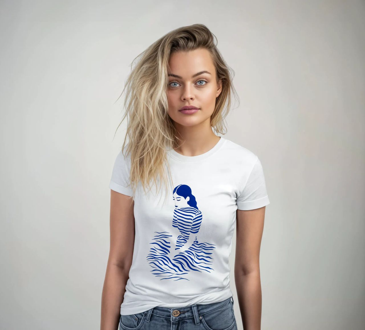 Woman in decorative blue stripe dress women's fitted t-shirt by Autofocus