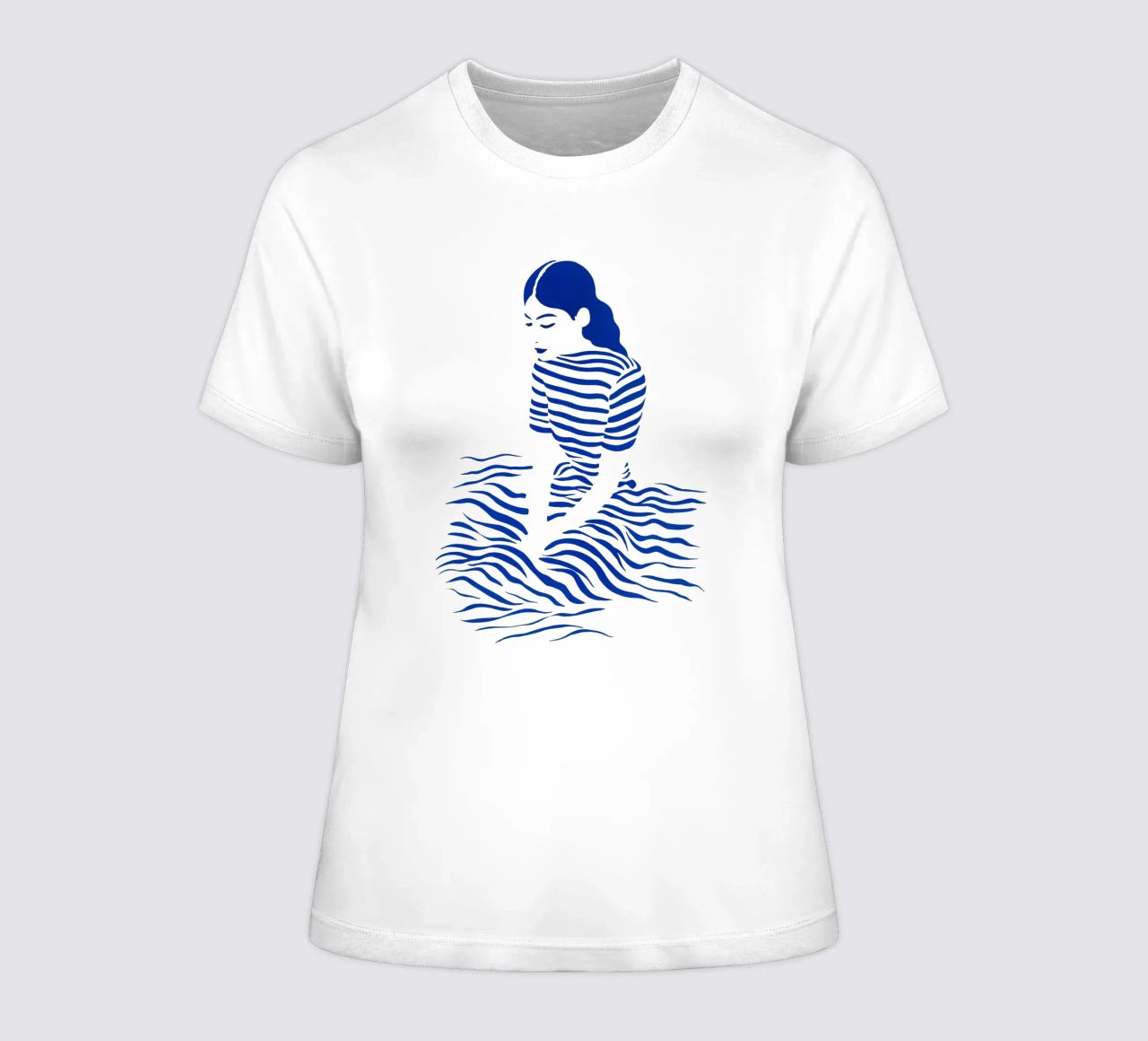 Woman in decorative blue stripe dress women's fitted t-shirt by Autofocus
