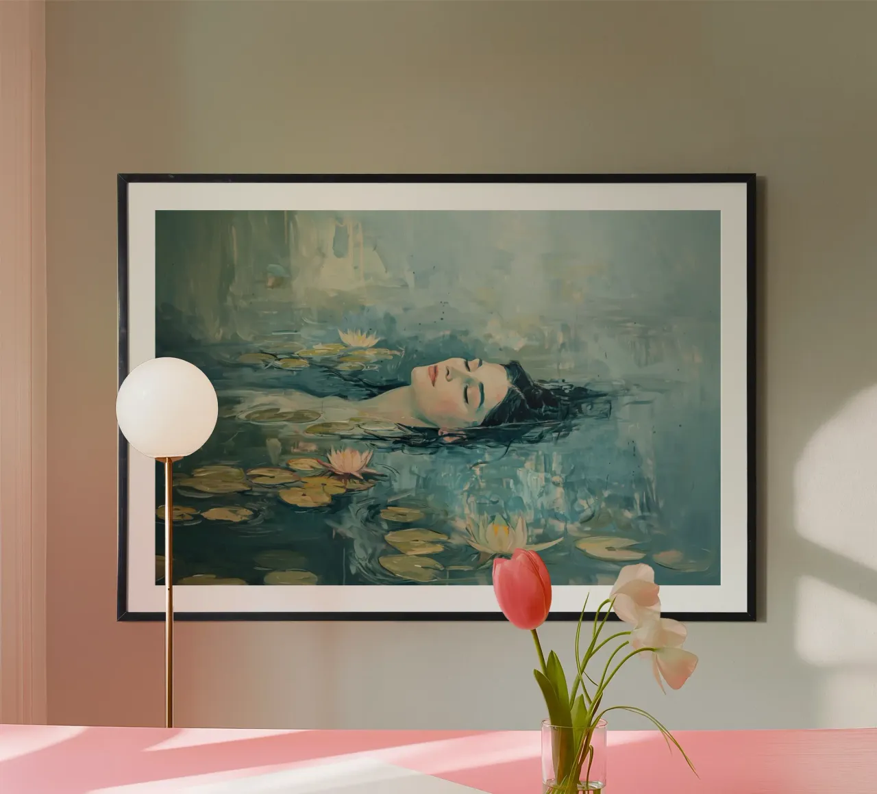 Mujer nadando entre los nenúfares de Monet poster de Autofocus
