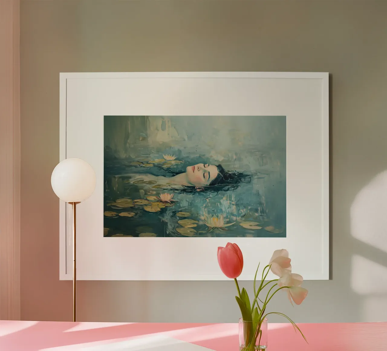 Mujer nadando entre los nenúfares de Monet poster de Autofocus