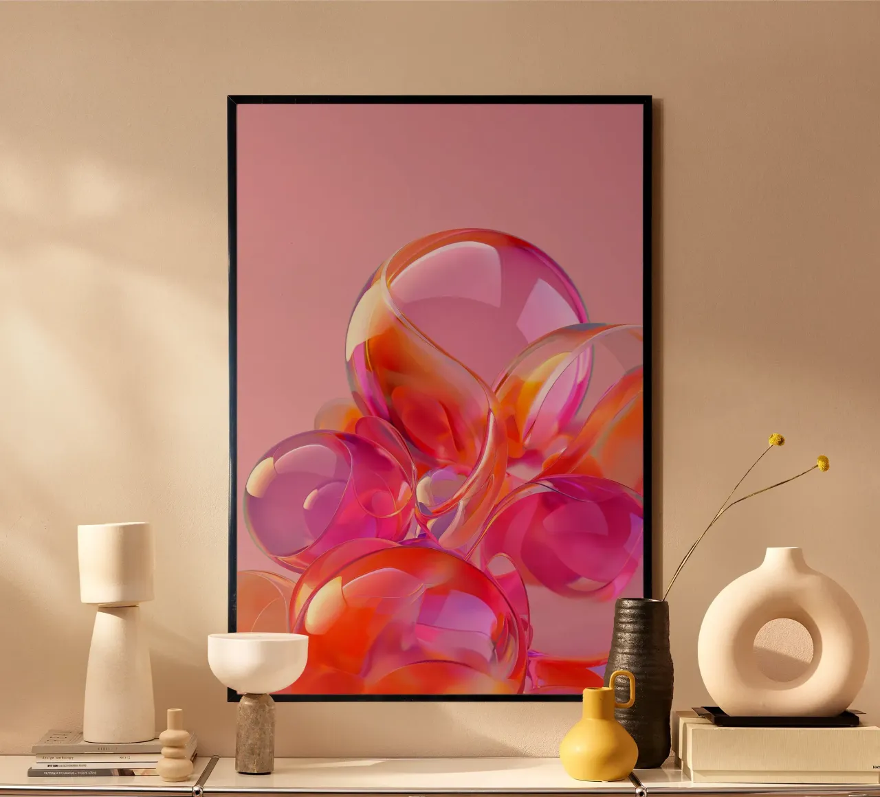 Balss di vetro rosa e arancione 02 poster con telaio in alluminio da Malou-Studio