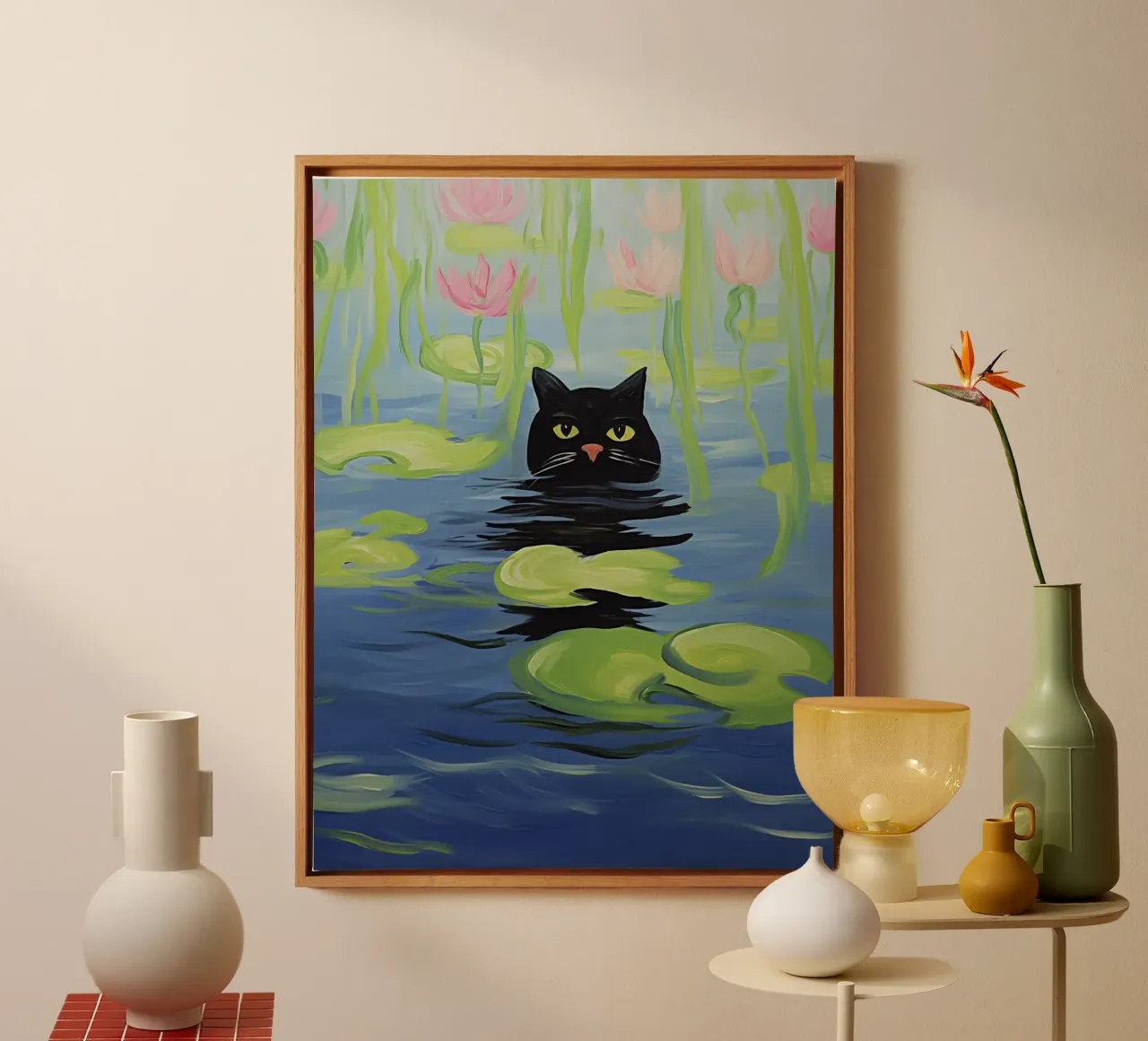 Monet's Zwarte kat zwemmend in een vijver met waterlelies | Schilderij canvas met Baklijst van Autofocus