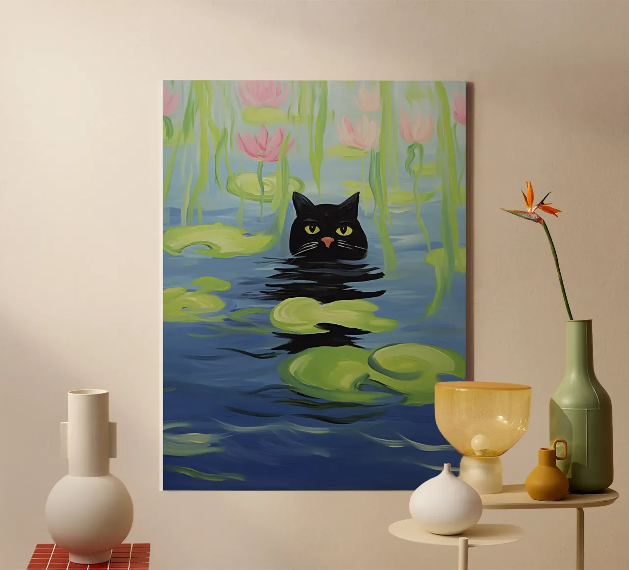 Monet's Zwarte kat zwemmend in een vijver met waterlelies | Schilderij canvas met Baklijst van Autofocus