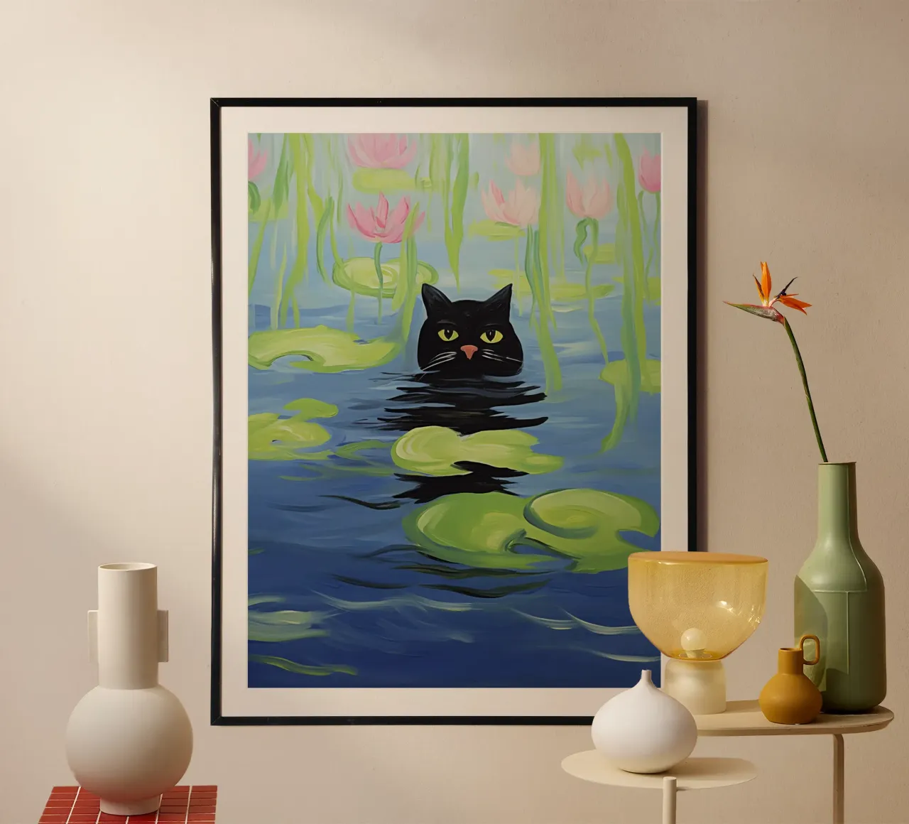 Gatto nero di Monet che nuota in uno stagno di ninfee | Pittura poster con telaio in alluminio da Autofocus