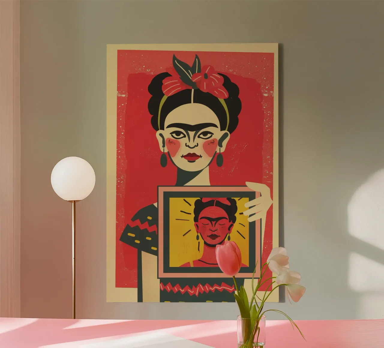 Frida Kahlo paints Frida Kahlo | Retro reflection on art canvas with Floater frame by Autofocus