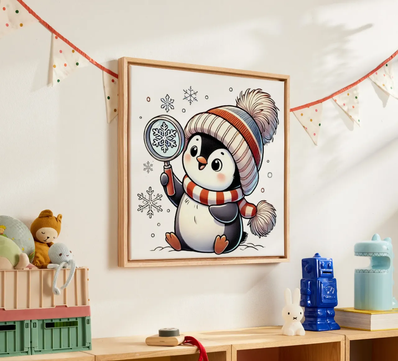 Curious Penguin and the Magic of Snowflakes canvas with Floater frame by FluffyToons