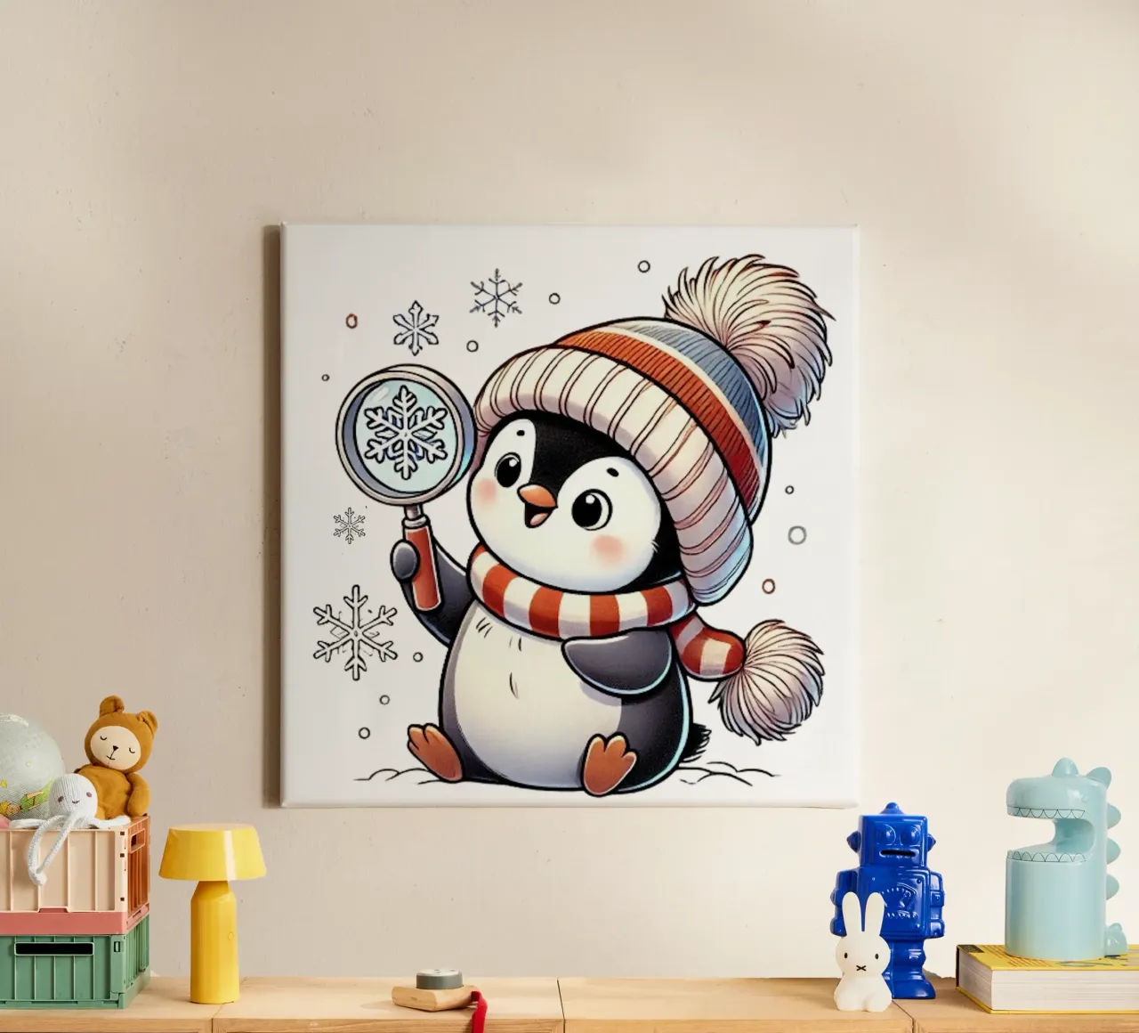 Curious Penguin and the Magic of Snowflakes canvas with Floater frame by FluffyToons