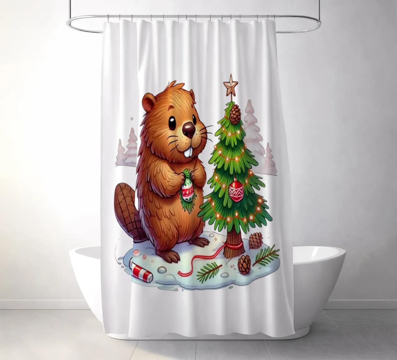 Decorazioni per l'albero di Natale del castoro in festa tenda da doccia da FluffyToons