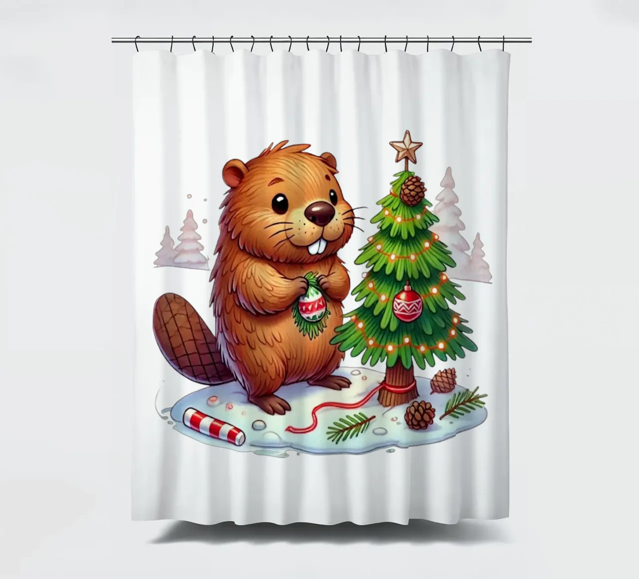 Decorazioni per l'albero di Natale del castoro in festa tenda da doccia da FluffyToons