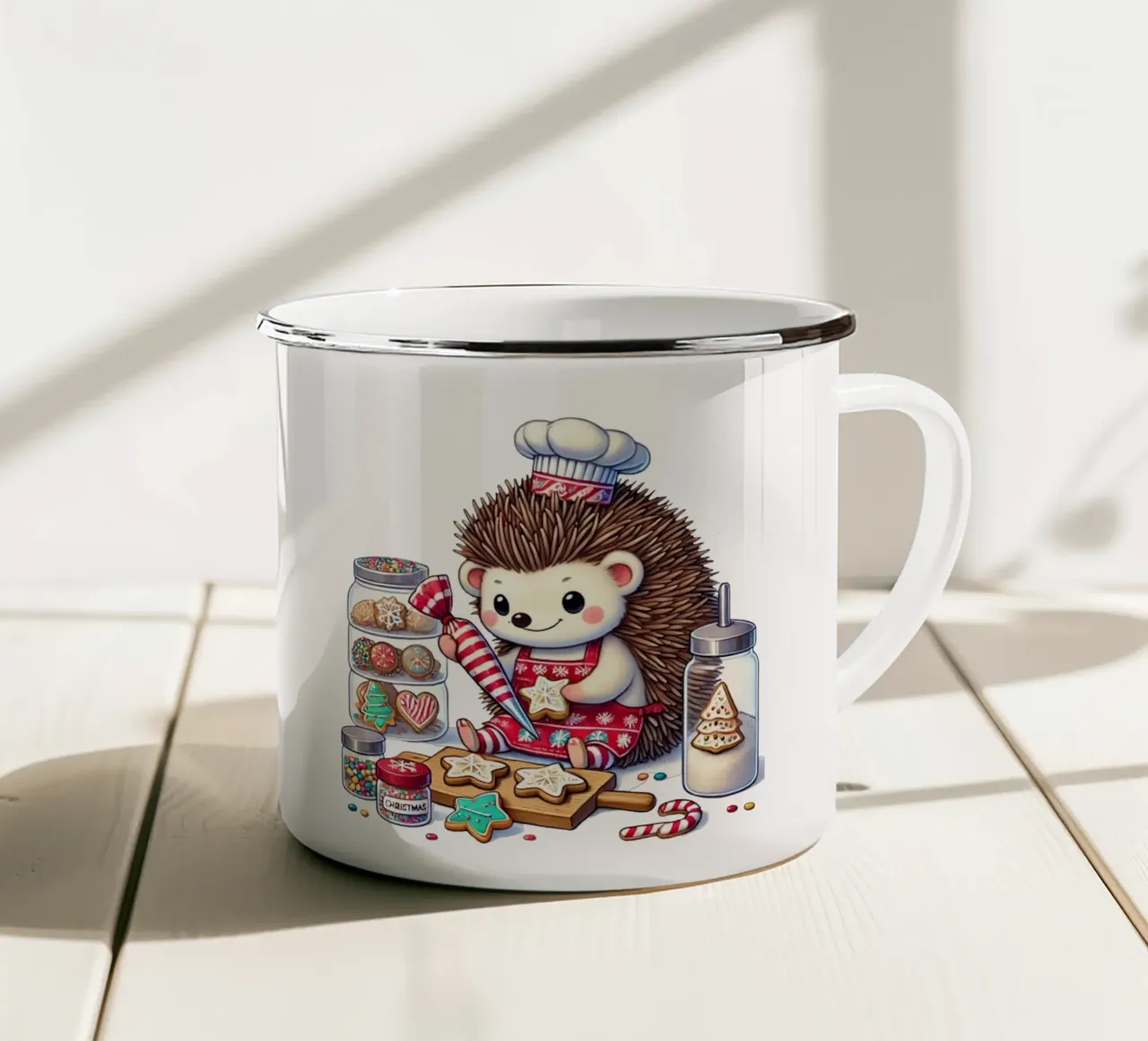 Creazioni di biscotti natalizi dello Chef Hedgehog tazza in smalto da FluffyToons