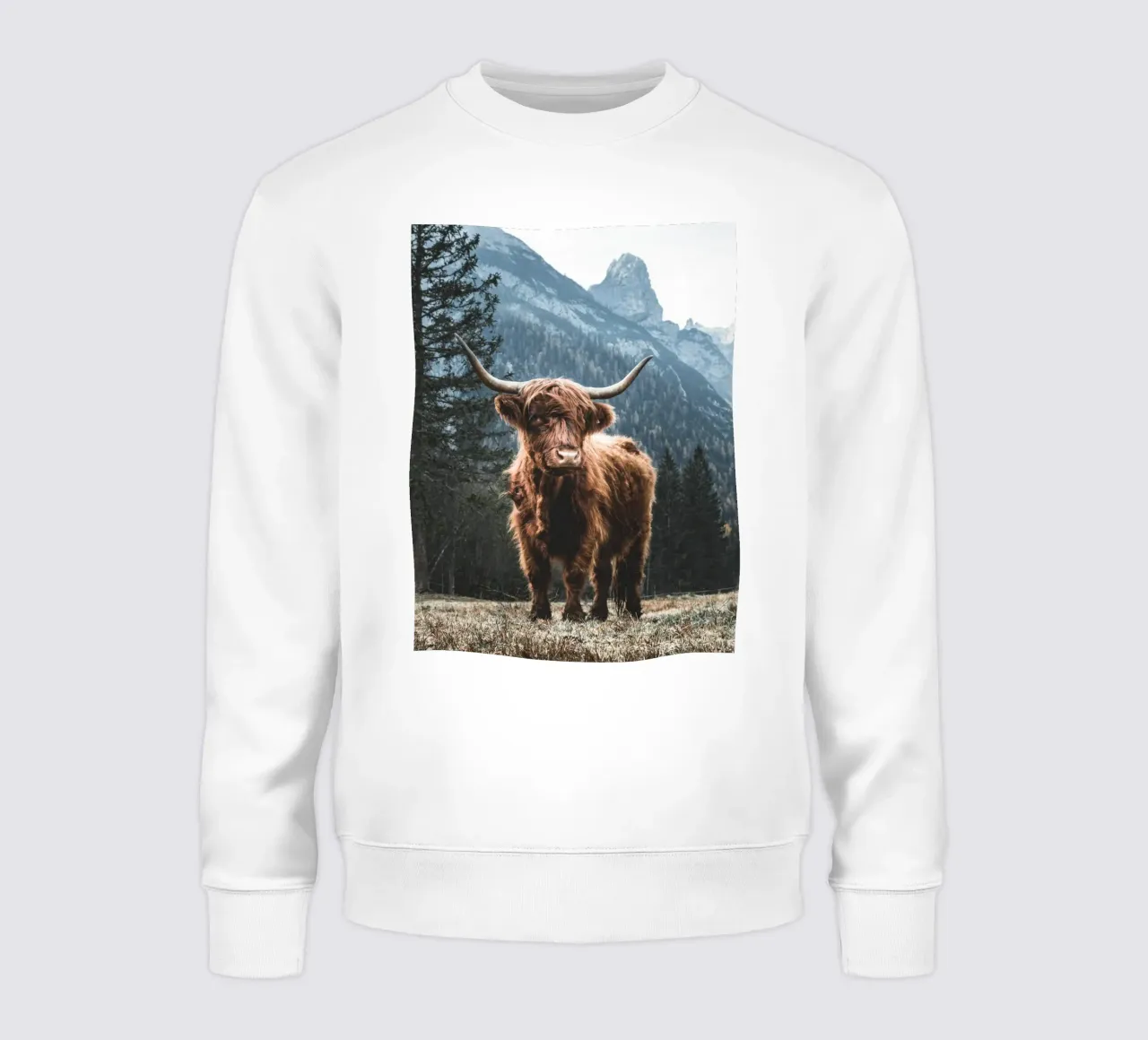 Highland cow in front of a mountain backdrop - Rustic nature photography sweatshirt by Whole©