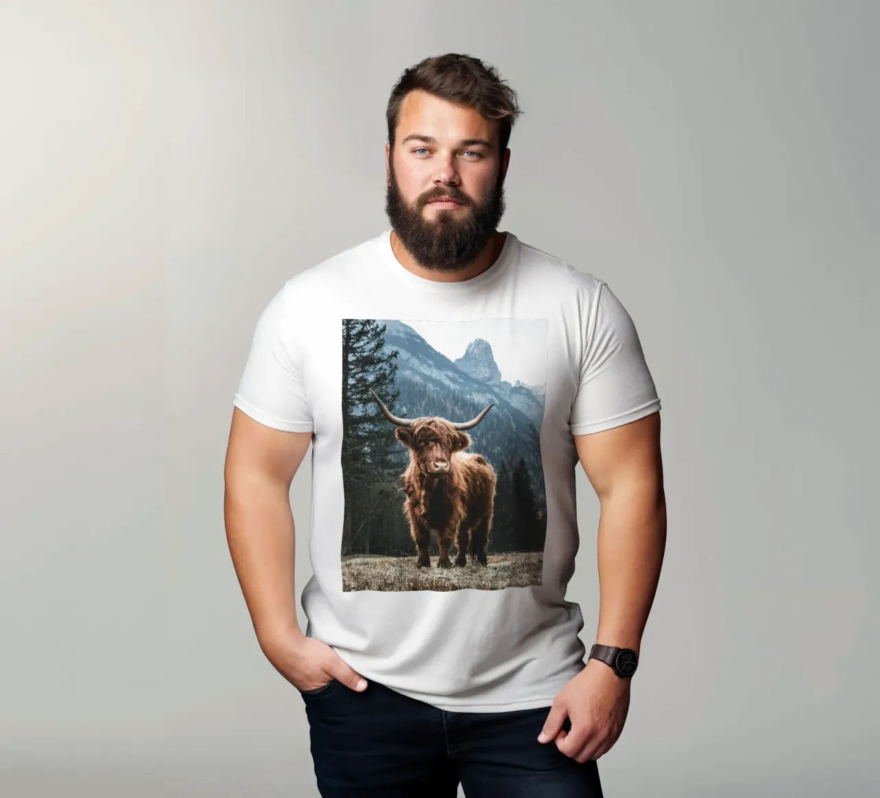 Highland cow in front of a mountain backdrop - Rustic nature photography t-shirt by Whole©