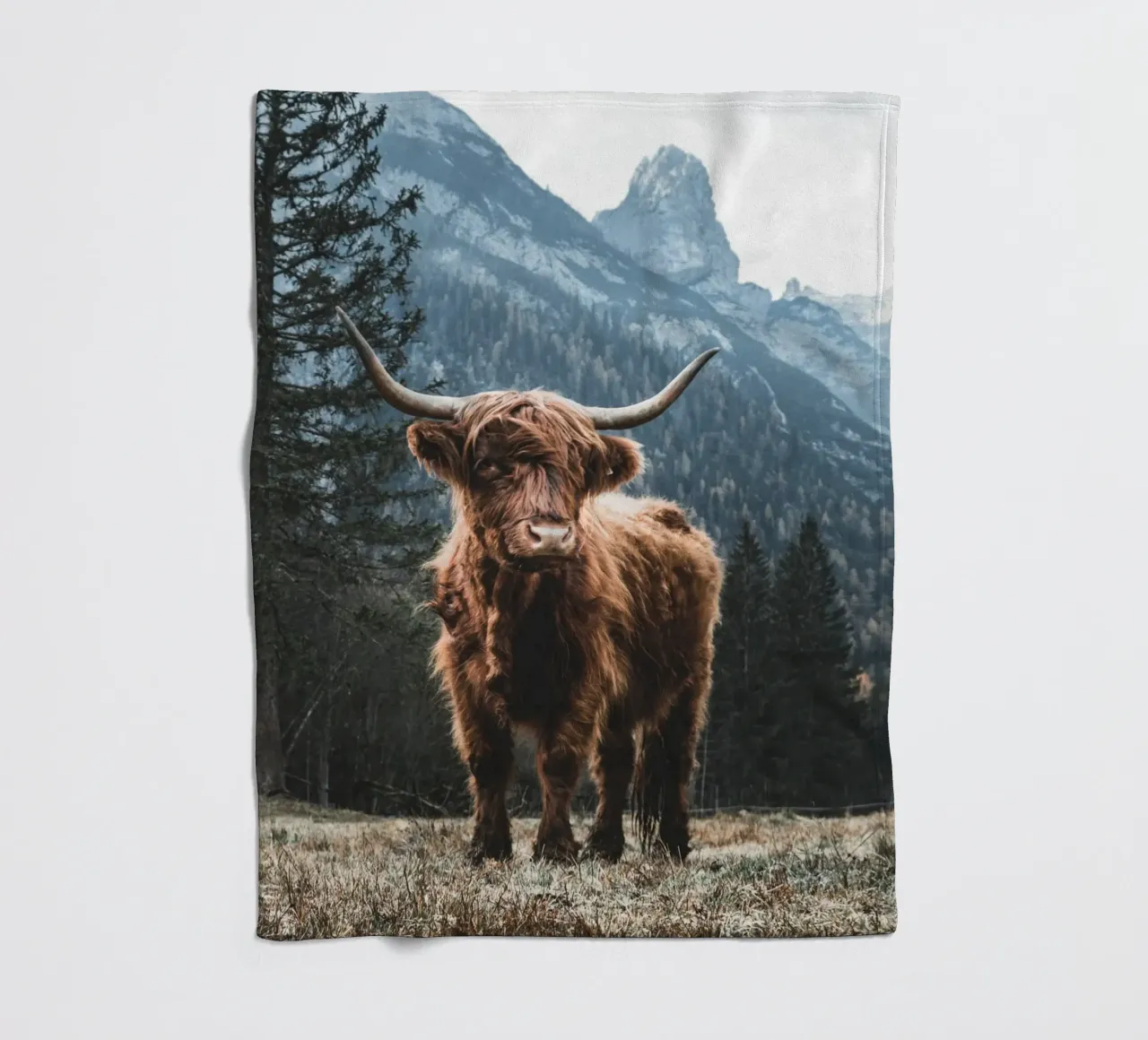 Highland cow in front of a mountain backdrop - Rustic nature photography fleece blanket by Whole©