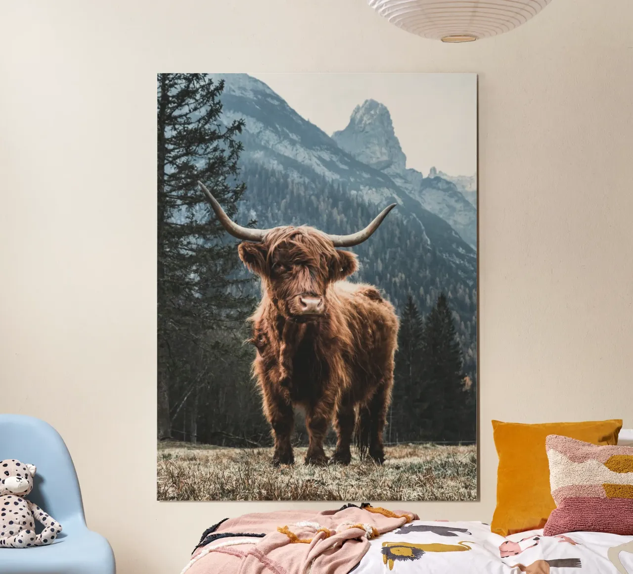 Highland cow in front of a mountain backdrop - Rustic nature photography hahnemühle by Whole©
