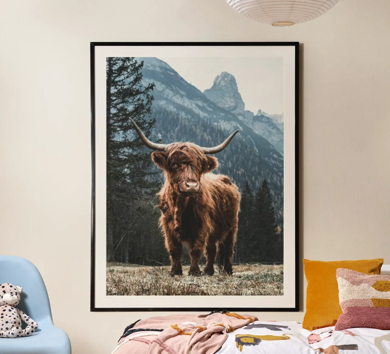 Highland cow in front of a mountain backdrop - Rustic nature photography hahnemühle by Whole©