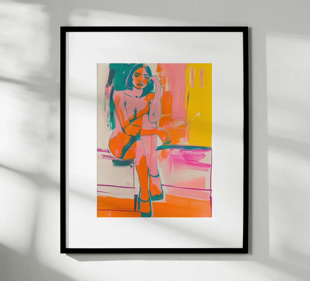 Nackte Nachdenkliche Frau | Farbenfrohe Malerei Poster mit Aluminium Rahmen von Autofocus