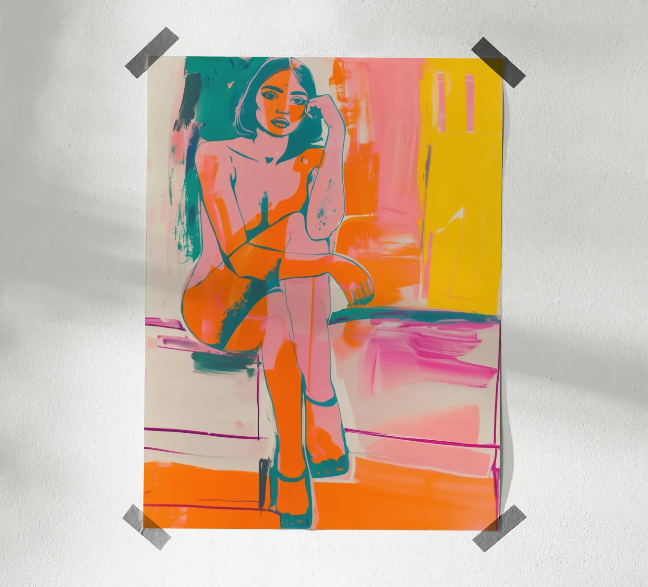 Nackte Nachdenkliche Frau | Farbenfrohe Malerei Poster mit Aluminium Rahmen von Autofocus