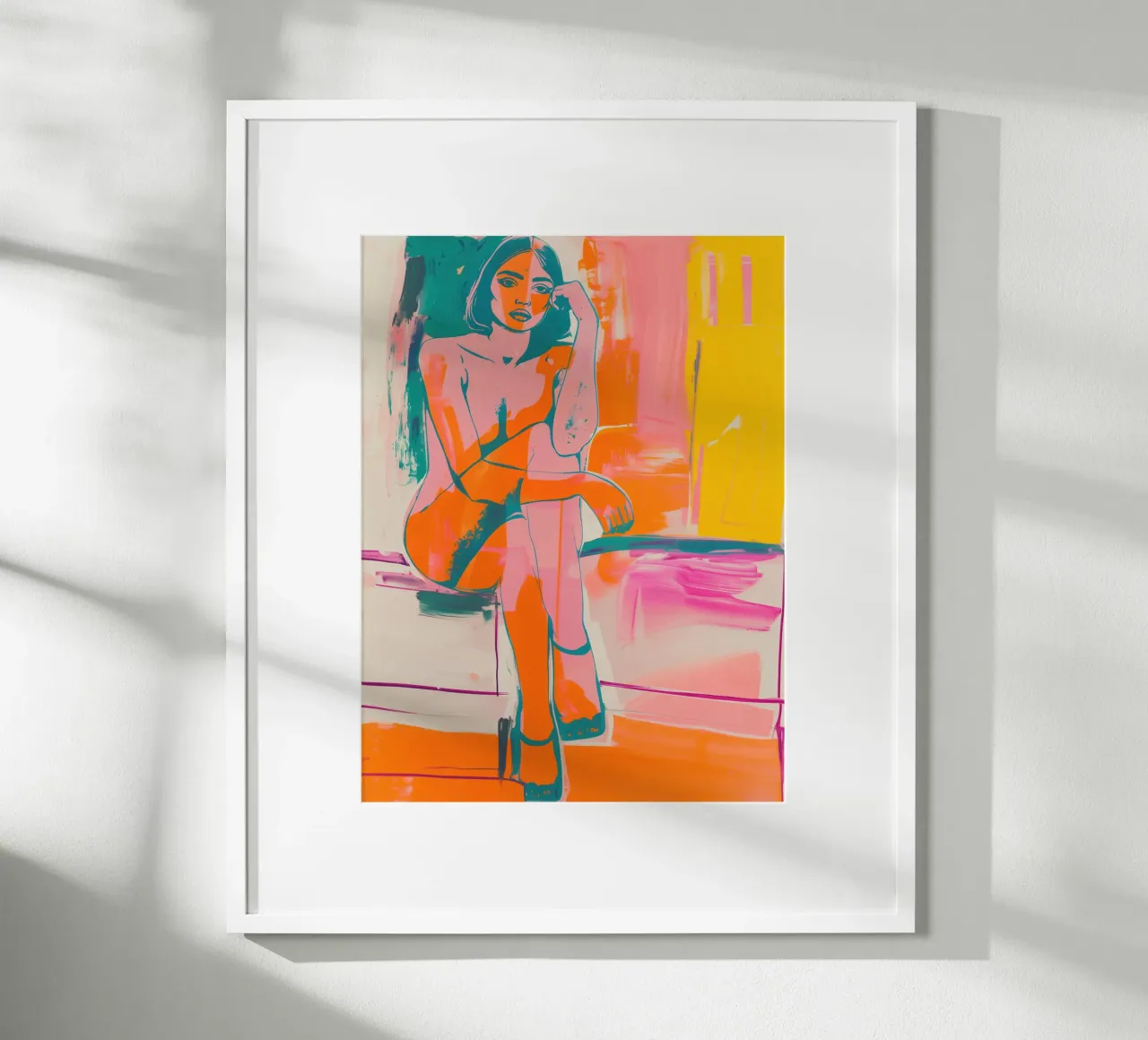 Nackte Nachdenkliche Frau | Farbenfrohe Malerei Poster mit Aluminium Rahmen von Autofocus