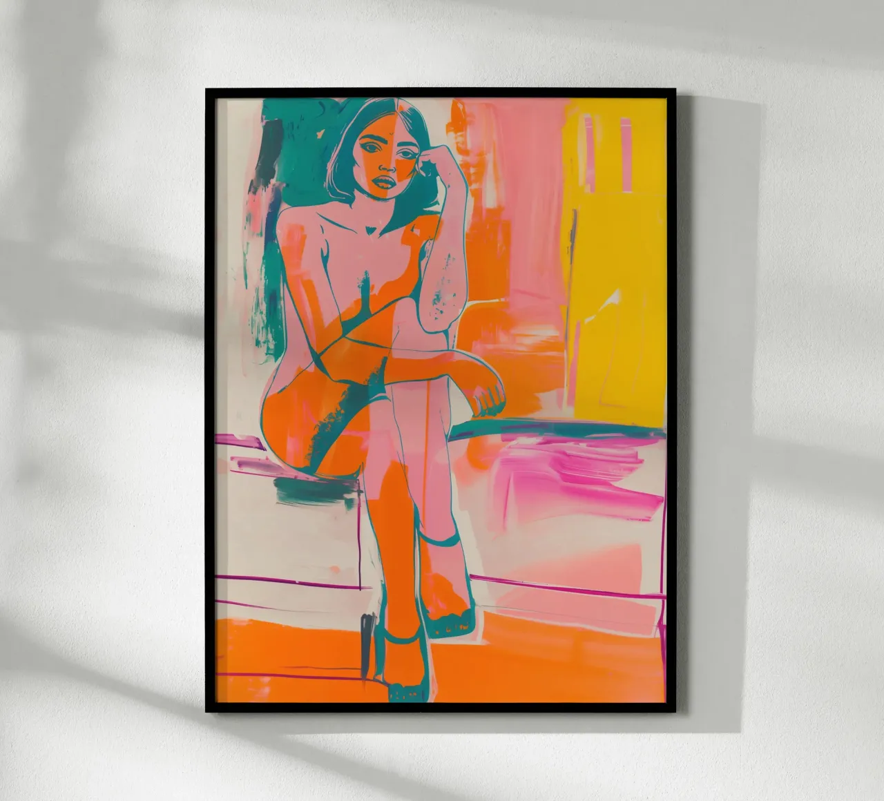 Nackte Nachdenkliche Frau | Farbenfrohe Malerei Poster mit Aluminium Rahmen von Autofocus