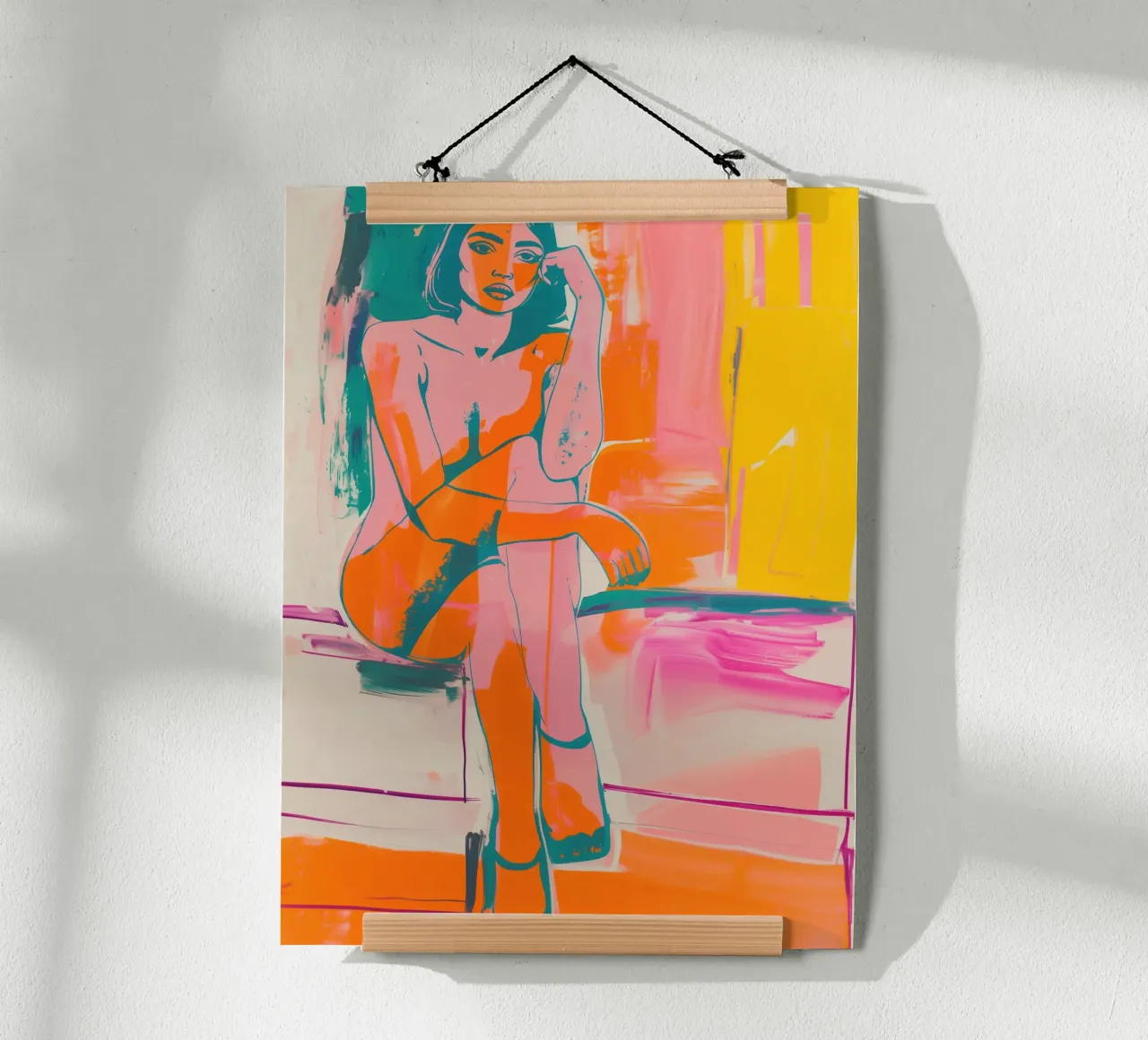Nackte Nachdenkliche Frau | Farbenfrohe Malerei Poster mit Aluminium Rahmen von Autofocus