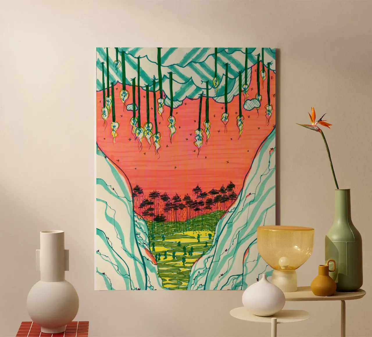 Buntes Tal (Colorful valley) canvas met Baklijst van Mandy Becker Fine Arts