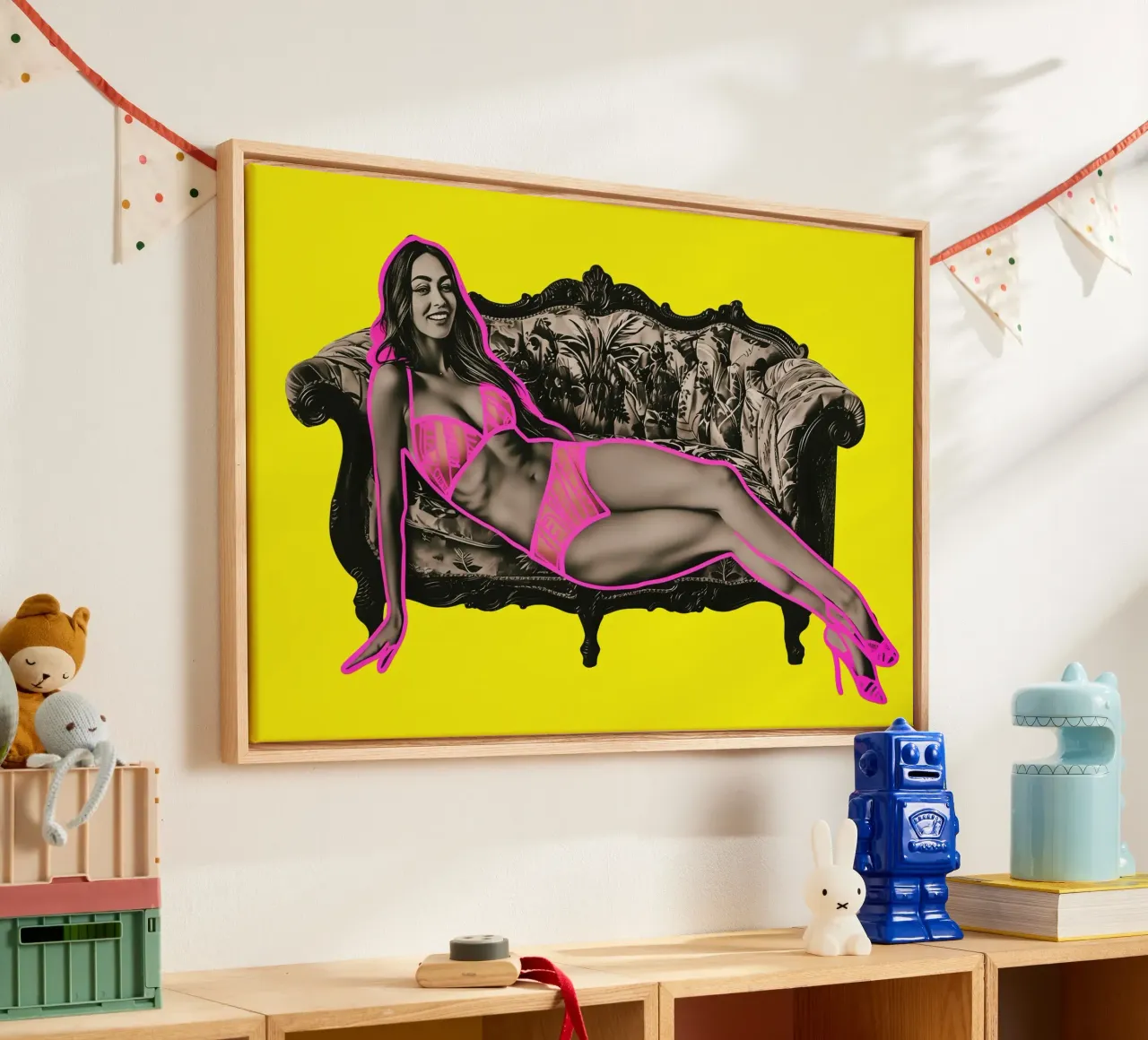 Divertimento modellistico con gli evidenziatori al neon | Collage Pop Art tela con Cornice a cassetta da Autofocus