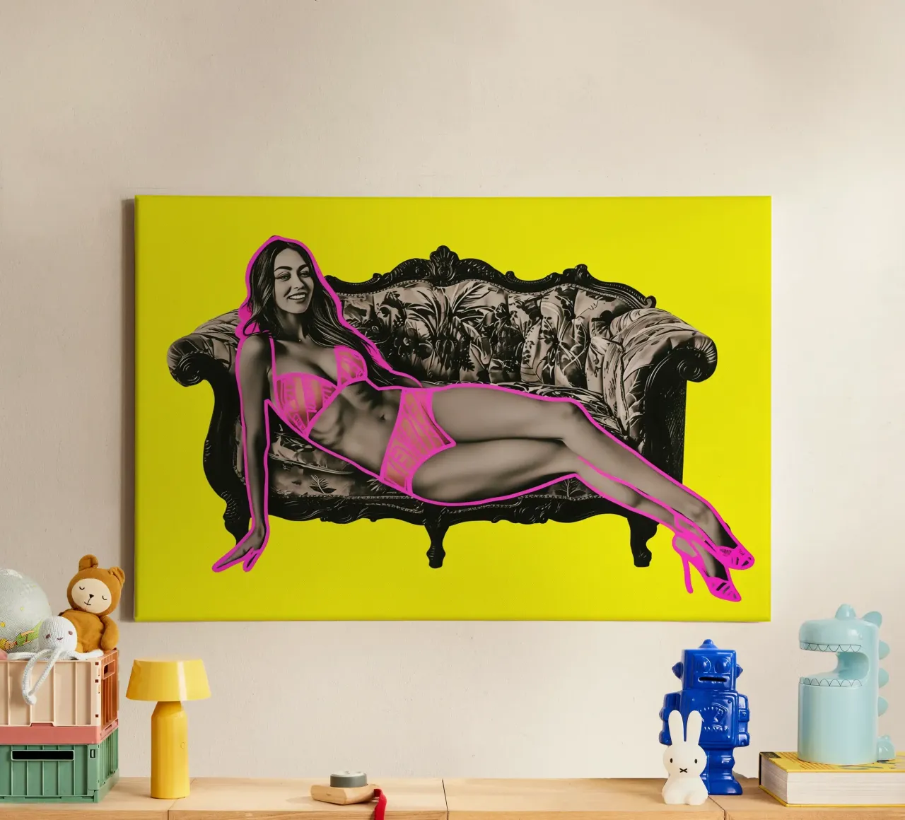 Divertimento modellistico con gli evidenziatori al neon | Collage Pop Art tela con Cornice a cassetta da Autofocus