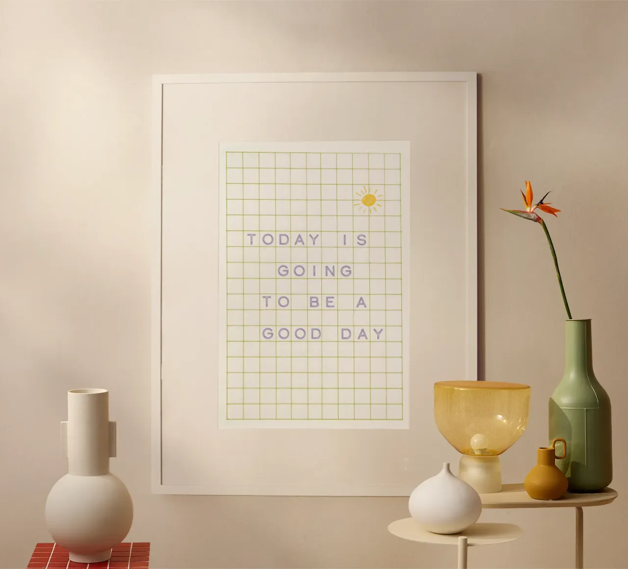 Oggi sarà una buona giornata - verde lilla poster con telaio in alluminio da Malou-Studio