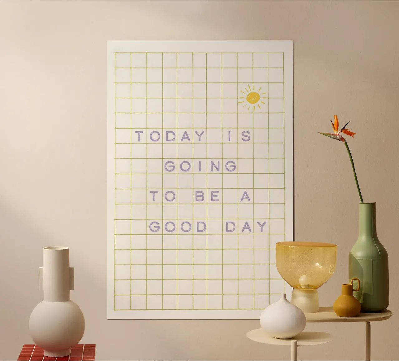 Oggi sarà una buona giornata - verde lilla poster con telaio in alluminio da Malou-Studio