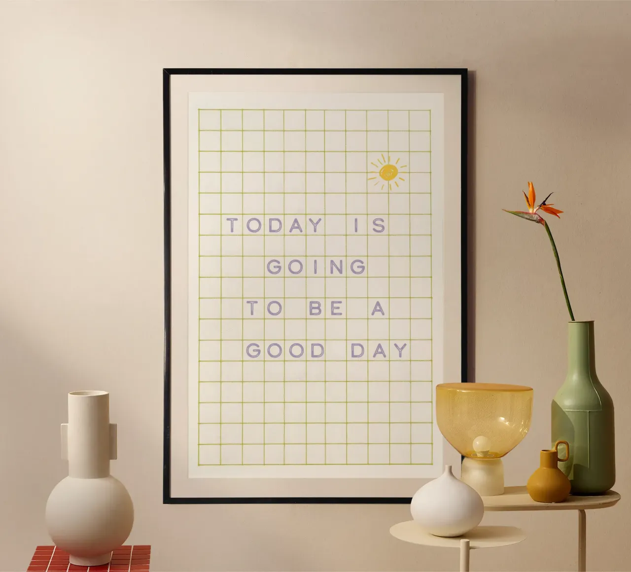 Oggi sarà una buona giornata - verde lilla poster con telaio in alluminio da Malou-Studio