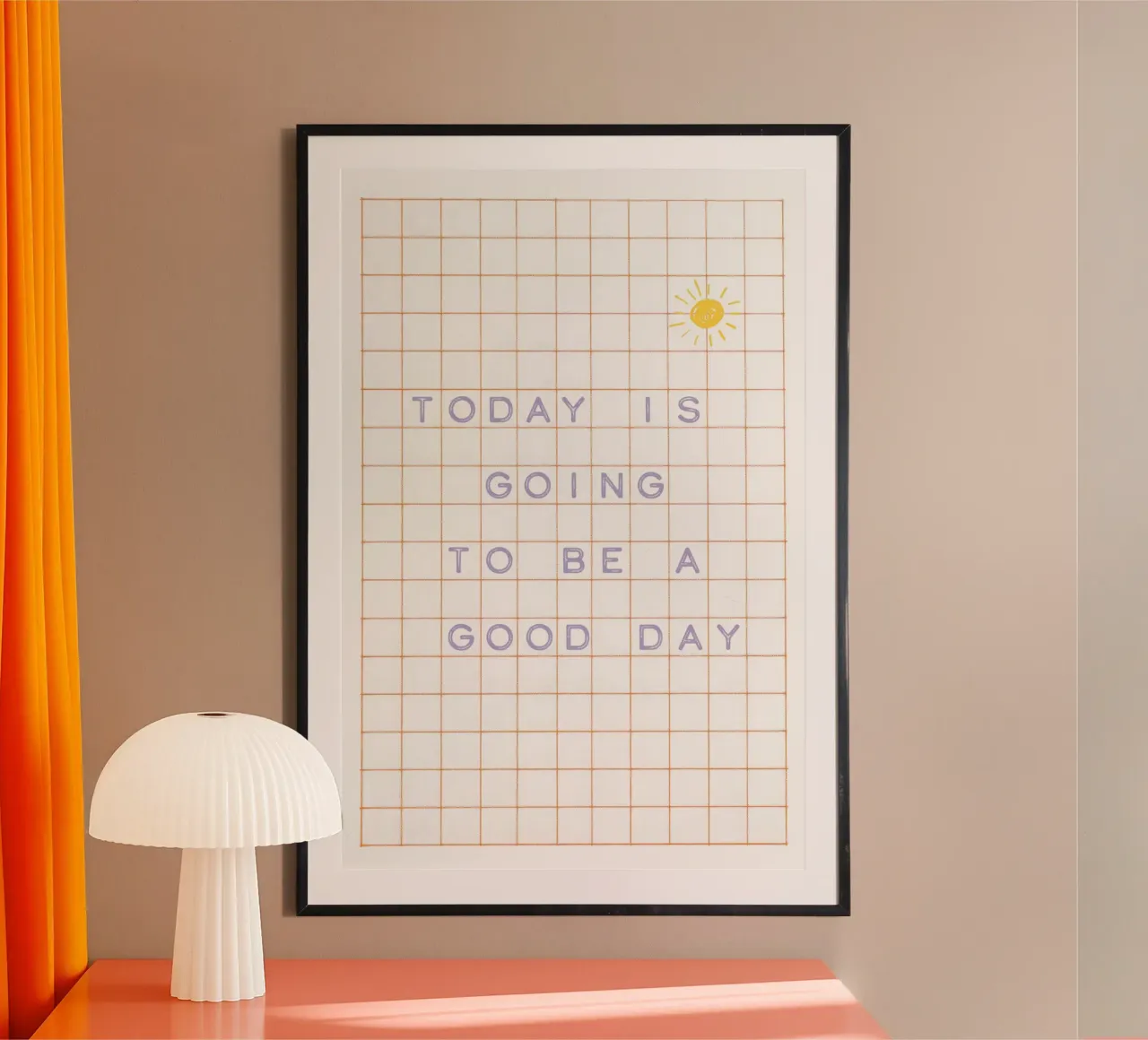 Oggi sarà una buona giornata - Arancione lilla poster con telaio in legno da Malou-Studio