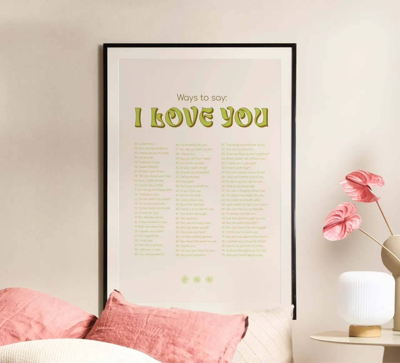 Modi per dire ti amo - verde poster con telaio in legno da Malou-Studio