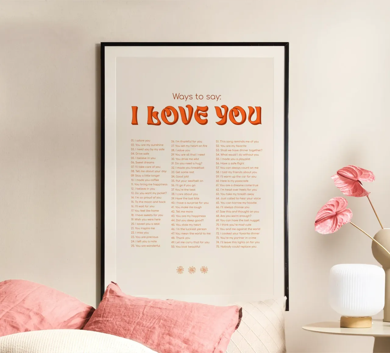 Modi per dire ti amo - Arancione poster con telaio in legno da Malou-Studio