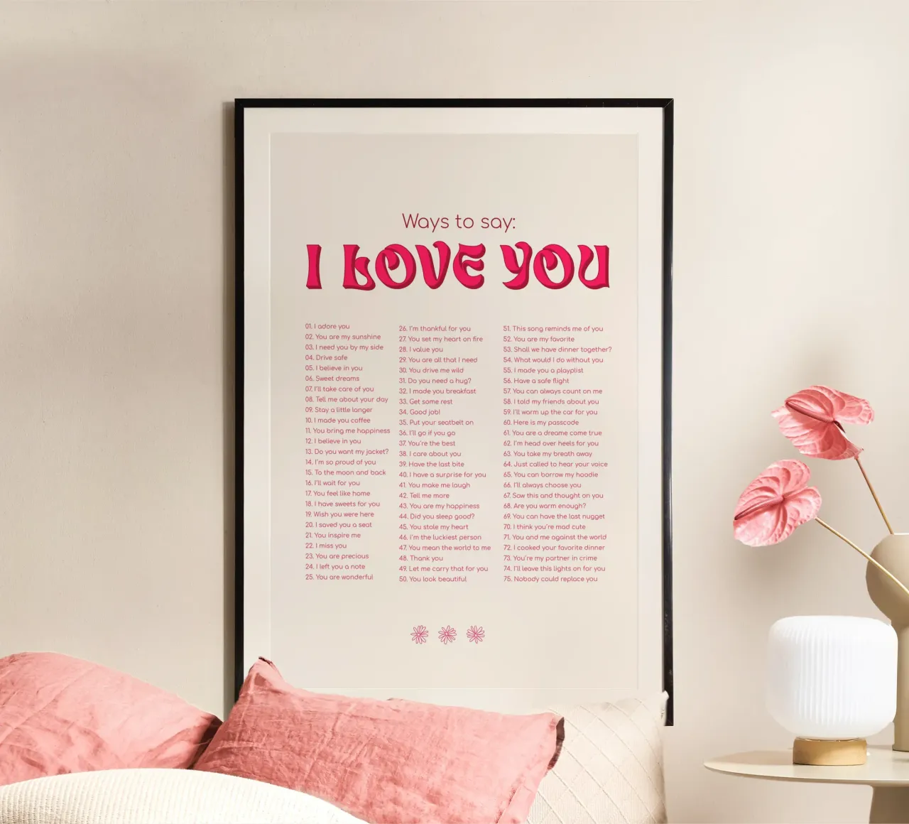 Modi per dire ti amo - Rosa poster con telaio in legno da Malou-Studio