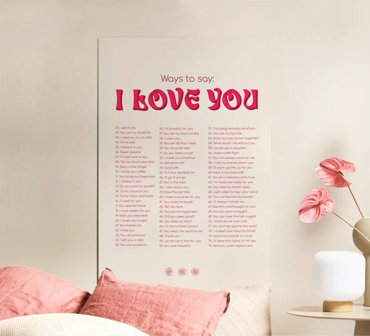 Modi per dire ti amo - Rosa poster con telaio in legno da Malou-Studio