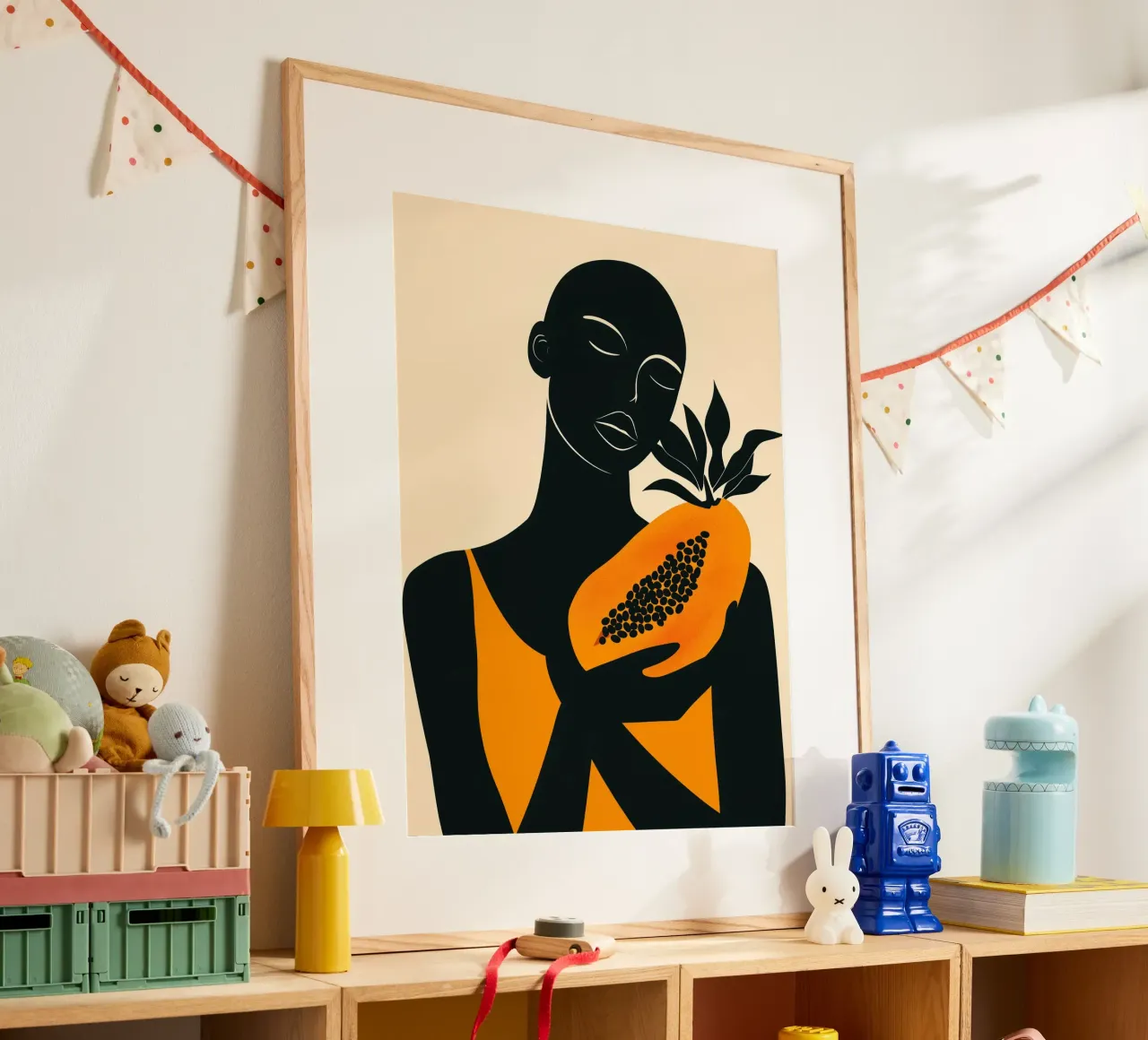 Donna africana con papaya arancione poster con telaio in alluminio da Autofocus