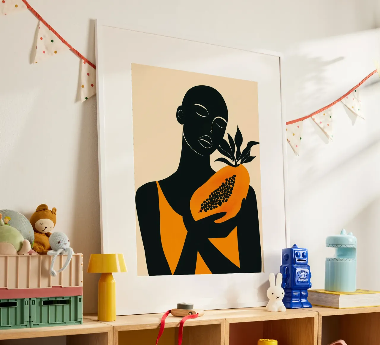 Donna africana con papaya arancione poster con telaio in alluminio da Autofocus