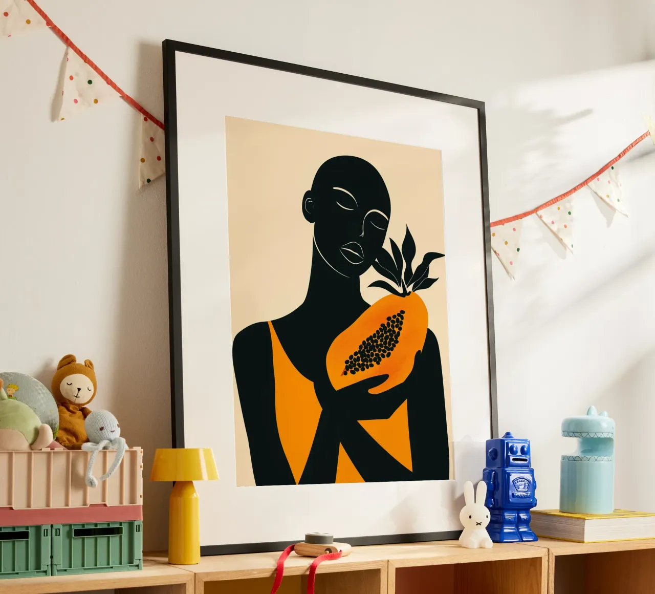Donna africana con papaya arancione poster con telaio in alluminio da Autofocus