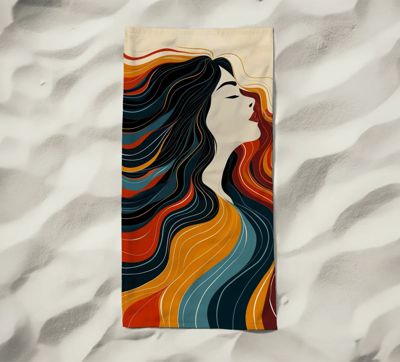 Donna in stato d'animo autunnale | Linea d'arte a colori retrò telo mare da Autofocus