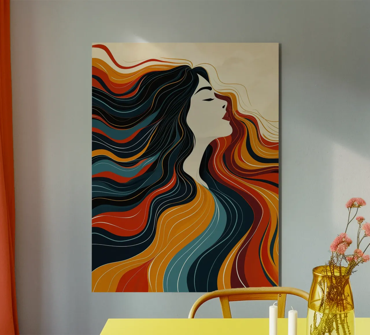Donna in stato d'animo autunnale | Linea d'arte a colori retrò alluminio dibond da Autofocus