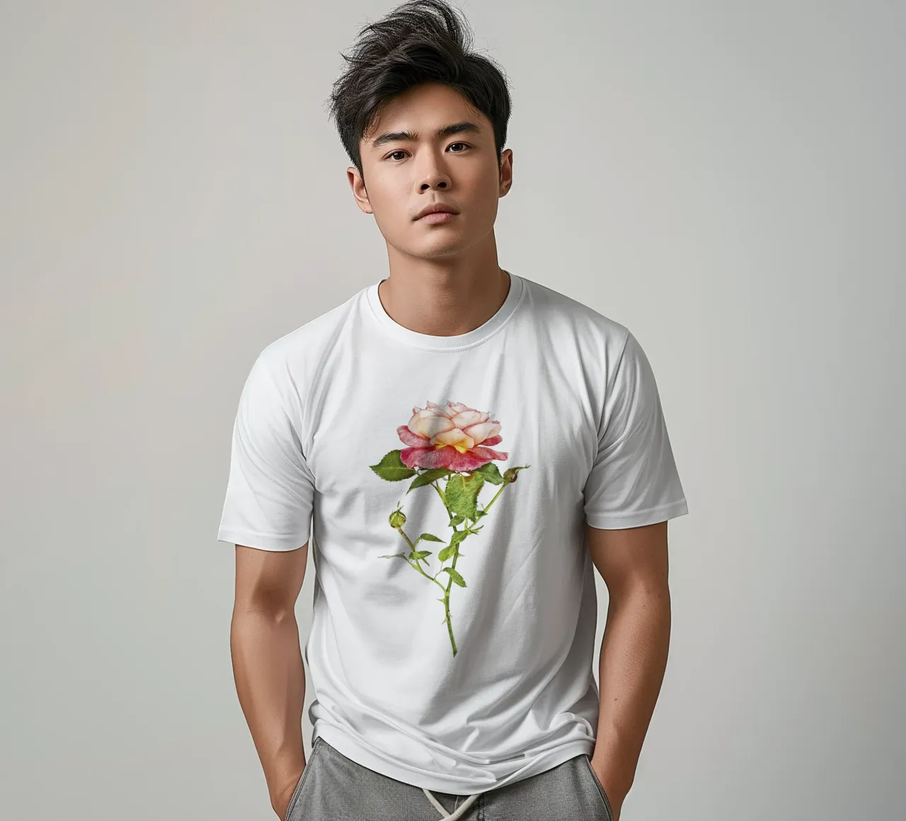 Elegant Fusion: Orange-Pink Rose t-shirt by Curious Collections by Marielle Leenders