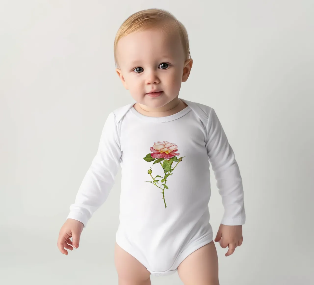 Elegant Fusion: Orange-Pink Rose long-sleeve baby romper by Curious Collections by Marielle Leenders