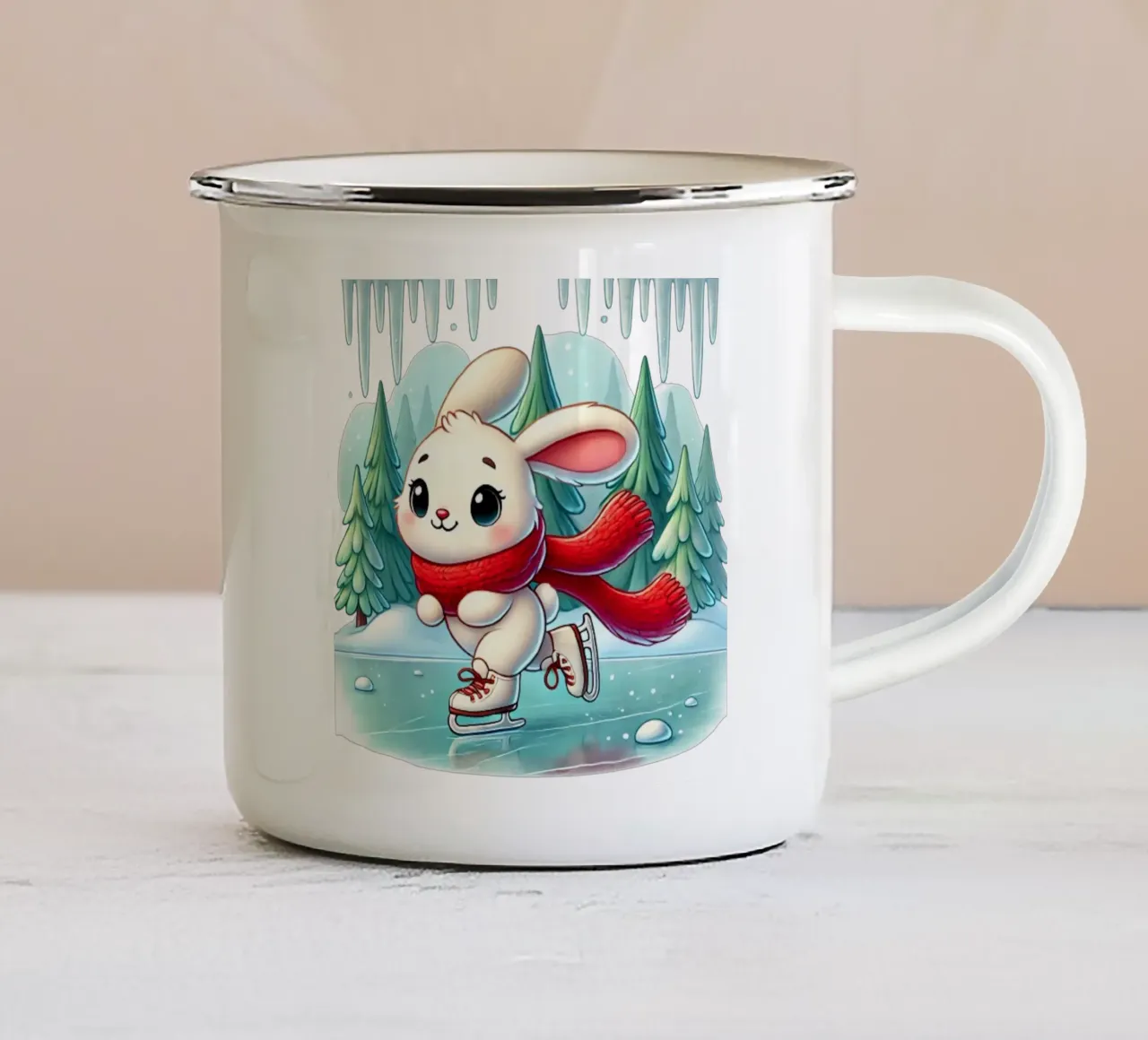 Il divertimento invernale del coniglietto pattinatore tazza in smalto da FluffyToons