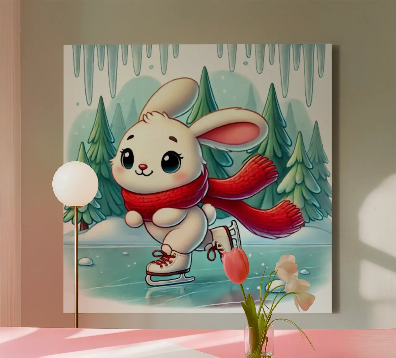 Winterpret voor schaatsende konijntjes canvas met Baklijst van FluffyToons
