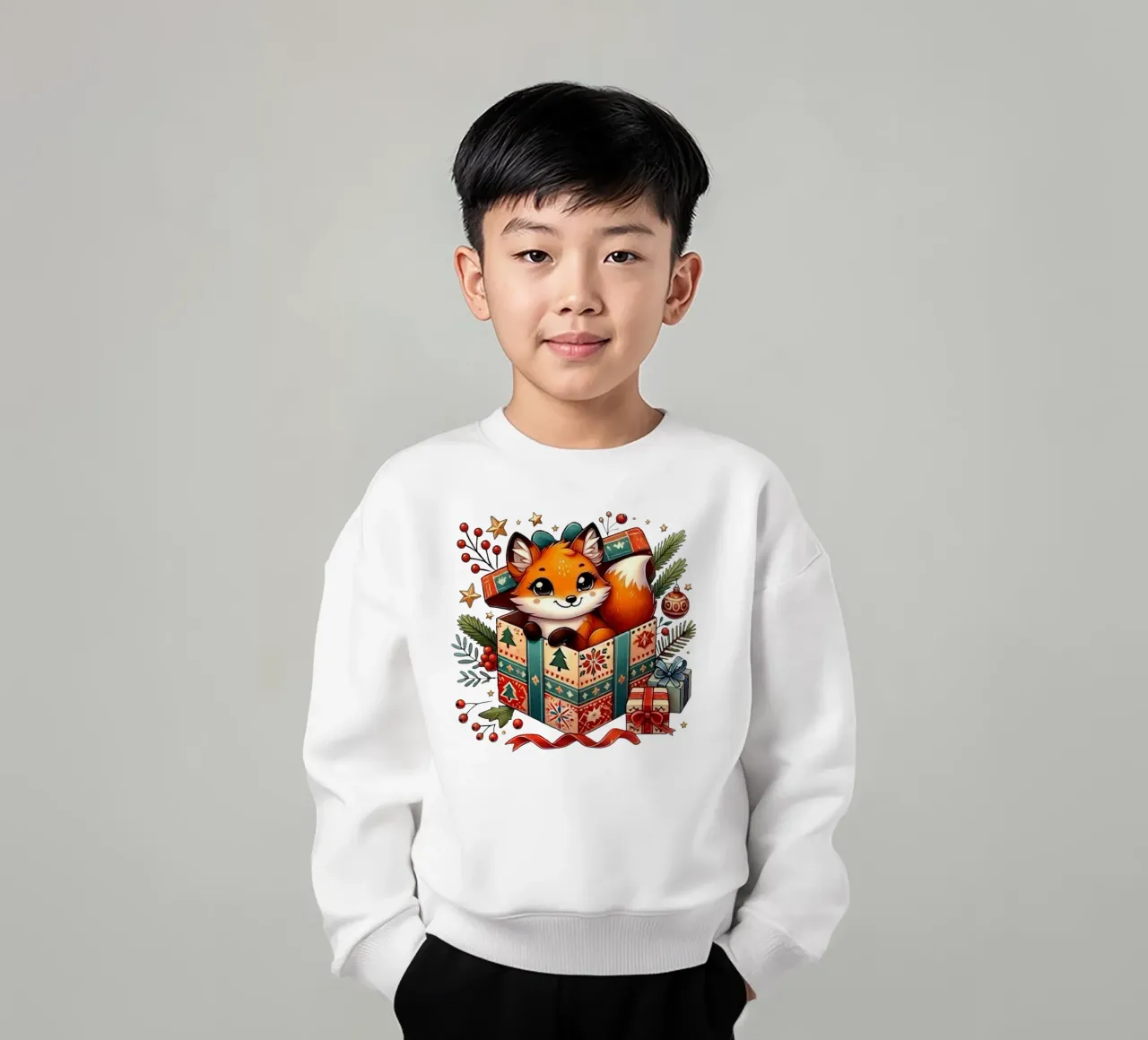 Festlicher Fuchs in einer Weihnachtsgeschenkbox Kinder Sweatshirt von FluffyToons