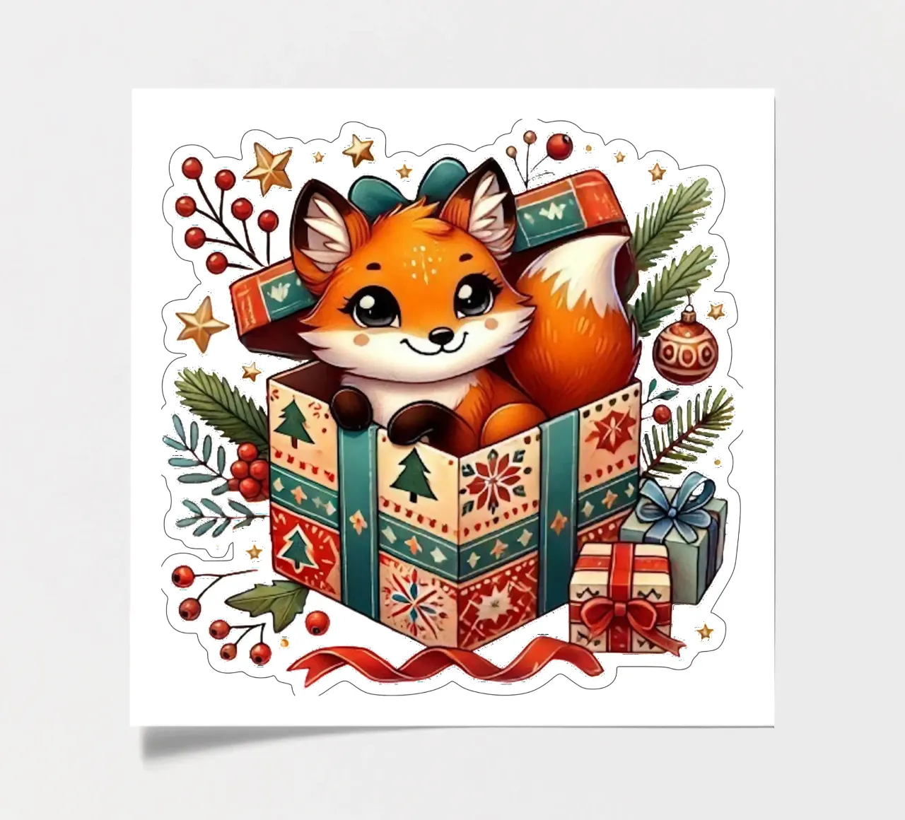 Festlicher Fuchs in einer Weihnachtsgeschenkbox Stickerbogen von FluffyToons