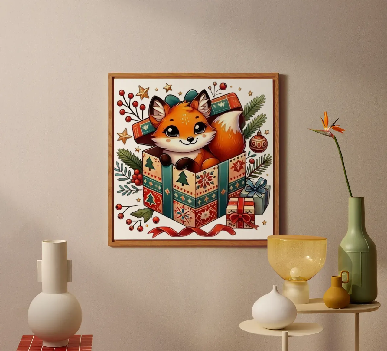 Festlicher Fuchs in einer Weihnachtsgeschenkbox Alu-Dibond von FluffyToons