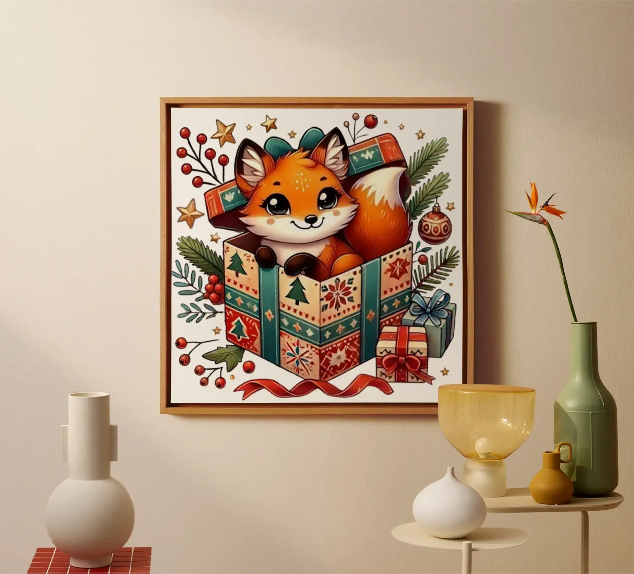 Festlicher Fuchs in einer Weihnachtsgeschenkbox Leinwand von FluffyToons