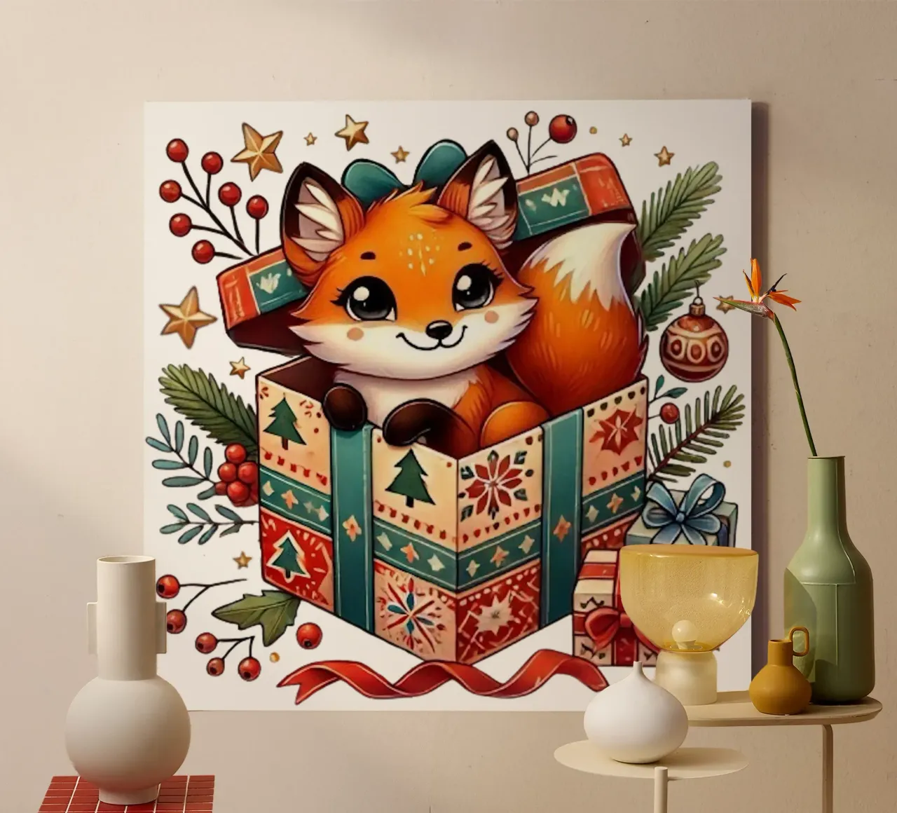 Festlicher Fuchs in einer Weihnachtsgeschenkbox Leinwand von FluffyToons