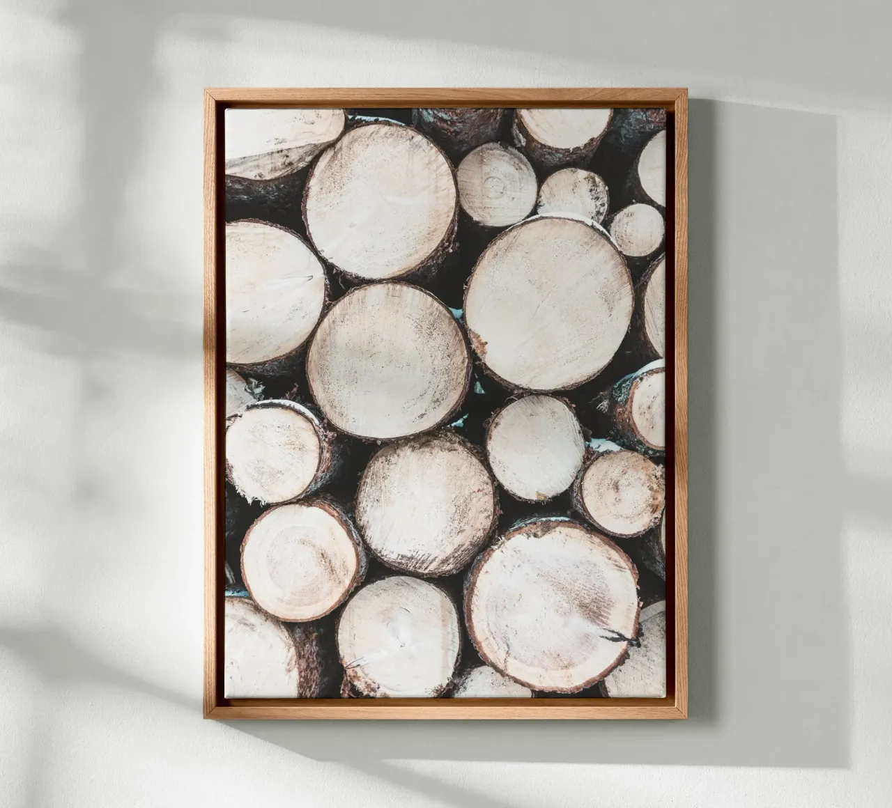 Rustic woodpile art - nature design for the home canvas with Floater frame by Whole©